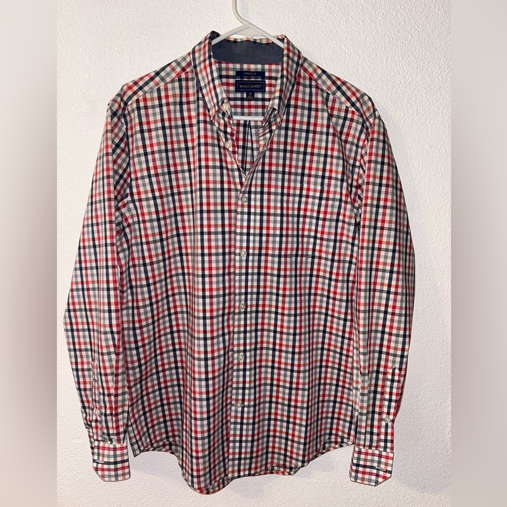madison james Men's Red, Blue & White Plaid Button-Down Shirt